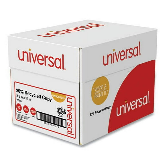 Universal, 30% Recycled Copy Paper, 92 Bright, 20 lb Bond Weight, 8.5 x 11, White, 500 Sheets/Ream, 5 Reams/Carton | Bundle of 10 Cartons