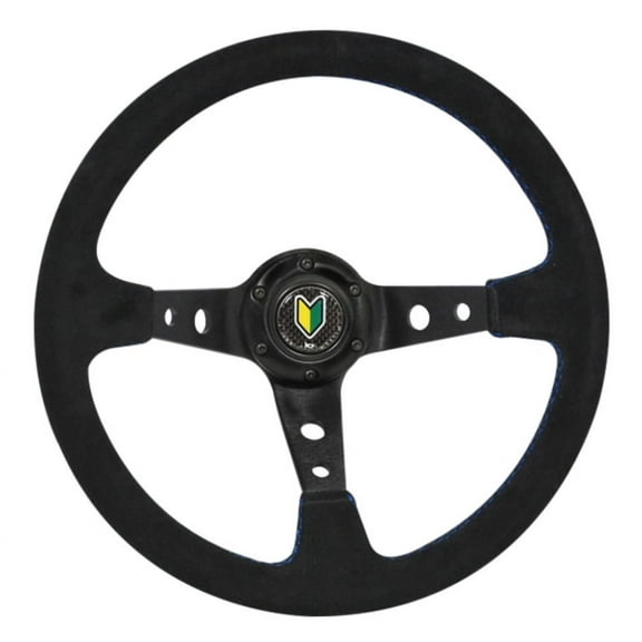 Universal 350mm Deep Dish Suede Wrapped Blue Stiching Steering Wheel Black with Wakaba Horn Button