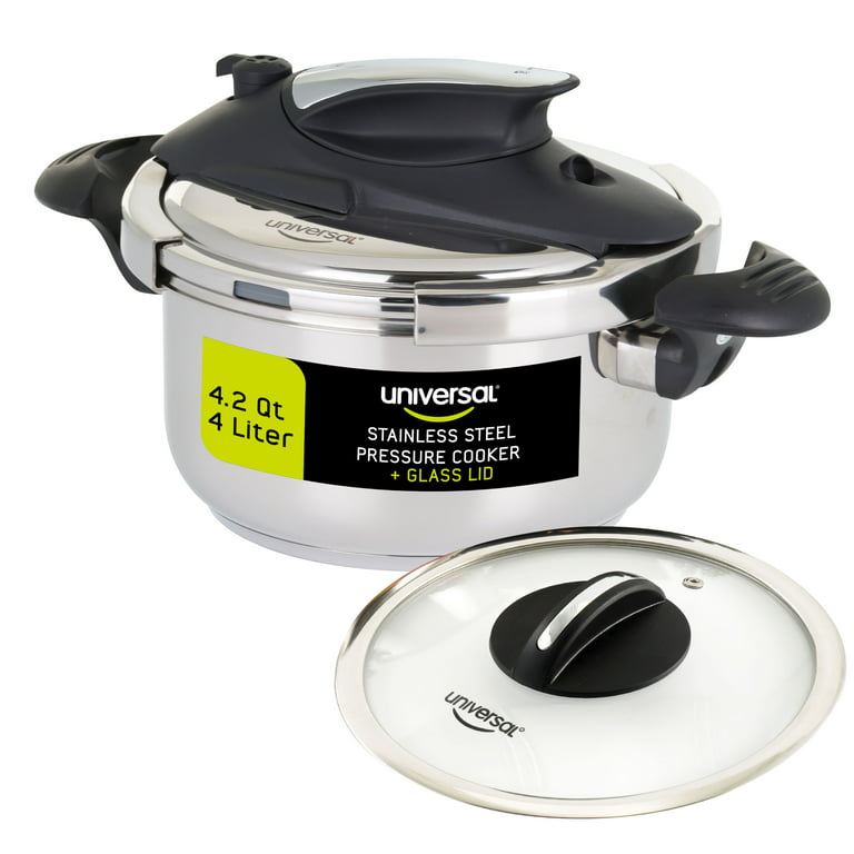 Universal 4.2 Quart / 4 Liter Stainless Steel Easy Use Pressure Cooker +  Extra Glass Lid, Induction Compatible, 5 servings 