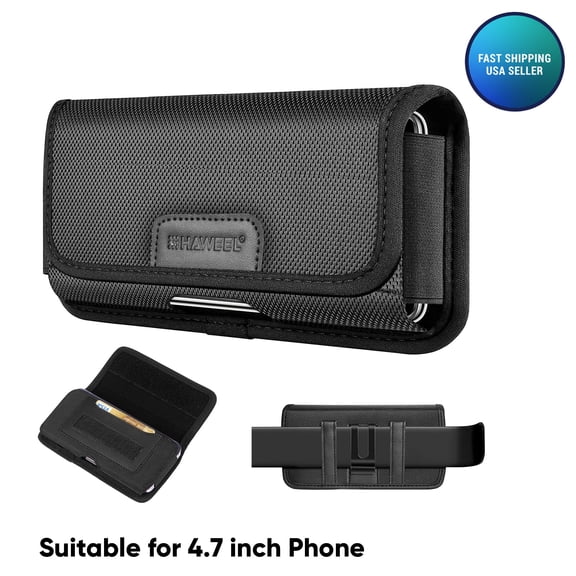 Universal 4.7-5.9" Horizontal Nylon Cell Phone Holster Pouch Carrying Case, Belt Clip Loop Fit iPhone SE, iPhone 14/13/12 Mini, Samsung, Pixel, Motorola, and many more 4.7-5.9" Phones [Bla