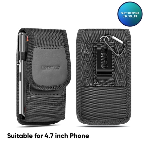 Universal 4.7-5.9" Vertical Nylon Cell Phone Holster Pouch Carrying Case, Belt Clip Loop & Carabiner Fit iPhone SE, iPhone 14/13/12 Mini, Samsung, Pixel, Motorola, and many more 4.7-5.9" Phones [Blac