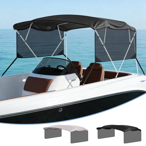 Universal 4 Bow Bimini Top Replacement Canvas with Detachable Sidewalls, 600D Marine Grade Boat Canopy Sun Shade with Mesh Side Panels and Storage Boot, No Frame Included, 91-96 Inch Width