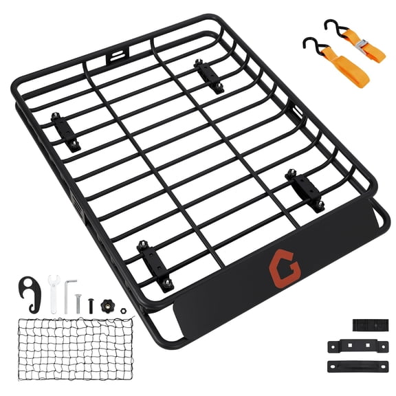 Universal 46"x36"x4.5" Roof Rack Cargo Carrier Basket, Heavy Duty Steel Luggage Holder with Extension and Cargo Net Included, 200 lb Load Capacity, Fits Most Trucks, SUVs & Roof Crossbars