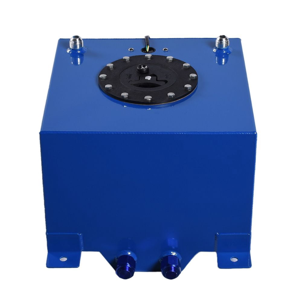 Universal 5 Gallon 20L Aluminum Fuel Tank with 0-90 Ohm Fuel Sender, Blue Finish, Dual -10 Outlets & Vent Outlets, Includes Anti-Slosh Foam, 12x12x8 in, SKU 37899589