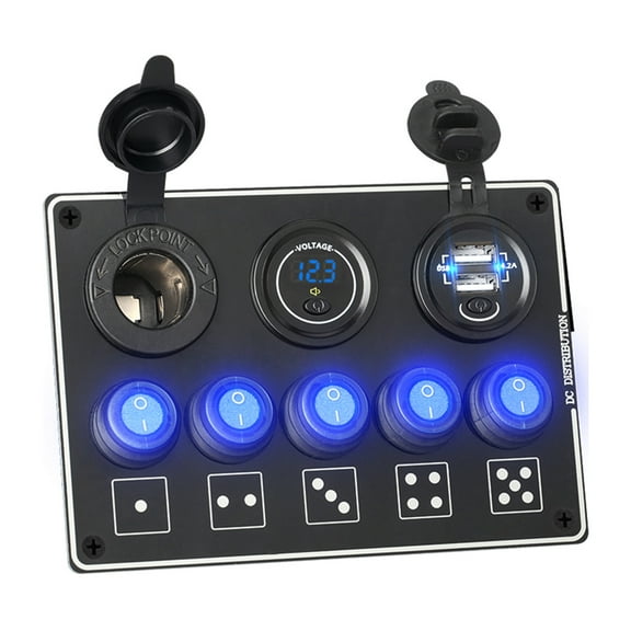 Universal 5 Gang Rocker Dual USB Charger LED Volmeter with Switch 12V Outlet Pre-Wired Switch Panel for Car Truck Boat Marine SUV