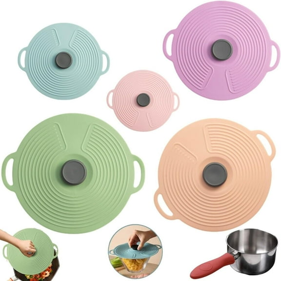 "Universal 5 Piece Silicone Lid Set: Microwave Splatter Cover Lid for Food- In Different Sizes  Spill-Proof, Suction, Bowl, Glass Bowl Lids, Pans, Pots, Complete with 1 Silicone Pot Handle Cover"