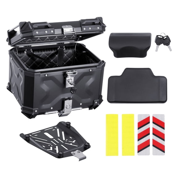 Universal 55L Motorcycle Top Box, Waterproof Aluminum Alloy Tail Case with Lock, Backrest&Leather Interior for Most Bikes