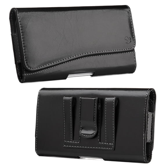 Universal 6.3" Horizontal Leather Belt Clip Holster Pouch Flip Carrying Holder Case with ID Card Holder, Belt Loops, Magnet for EXTRA LARGE Phone Pouch Cover [ Dimension: 6.6 x 3.5 x 0.7 inch ] BLACK