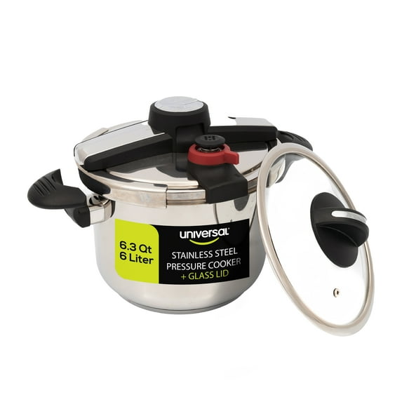 Universal (6.3 Qt/6 Liter) Silver Express Pressure Cooker + Extra Glass Lid, (15 PSI/100 kPa ) with Easy Opening System, Ultra Safe Stainless Steel Pressure Cooker