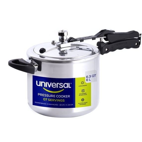 Universal 6.3Qt / 6L Pressure Cooker for 7 Servings, With Multiple Safety Systems and Heat Resistant Handles For Can, Soup, Meat and Beans