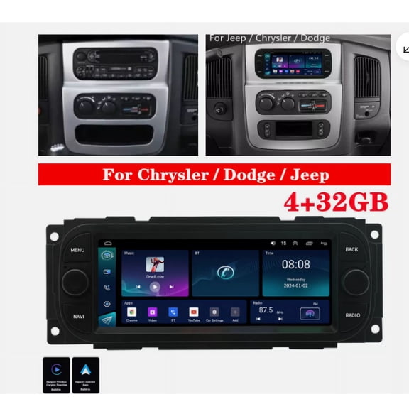 Universal 6.86-inch Android 14 in-car navigation system compatible with Jeep and Dodge Grand Caravan, featuring built-in CarPlay and Android Auto, 2+64GB storage, AHD camera and microphone