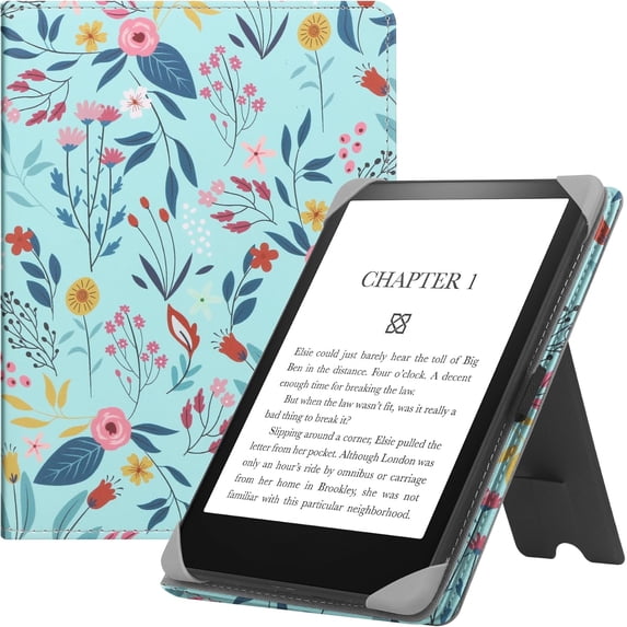 Universal 6" E‑Reader Folio Cover, PU Leather Case with Hand Strap & Foldable Stand for Kindle Paperwhite, Kobo, Tolino, PocketBook,Spring Bloom
