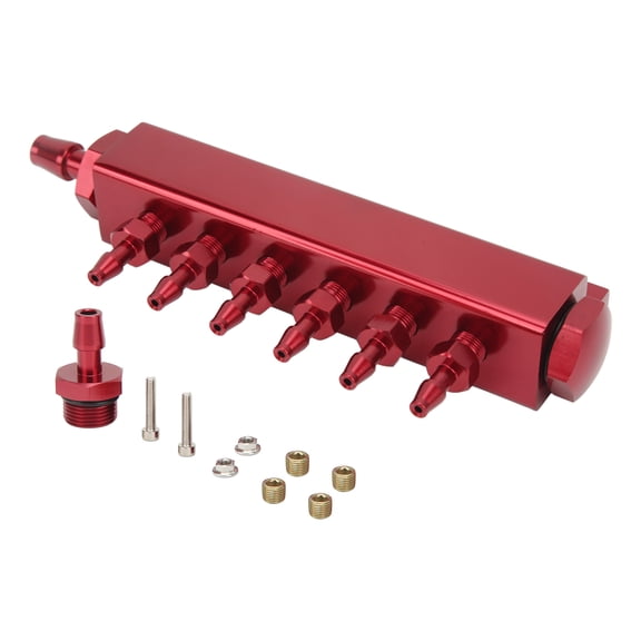 Universal 6 Port Aluminum Vacuum Block Intake Manifold Kit 1/8 Inch NPT Red - 1/8 in NPT Ports 1/2 in NPT Inlet Outlet 8.6 in / 22 cm