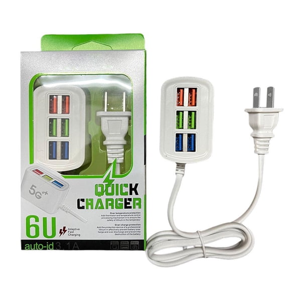 Universal 6-Port USB Wall Charger Hub with Overload Protection, Fast Charging Power Strip for Multiple Devices, Travel-Friendly Design