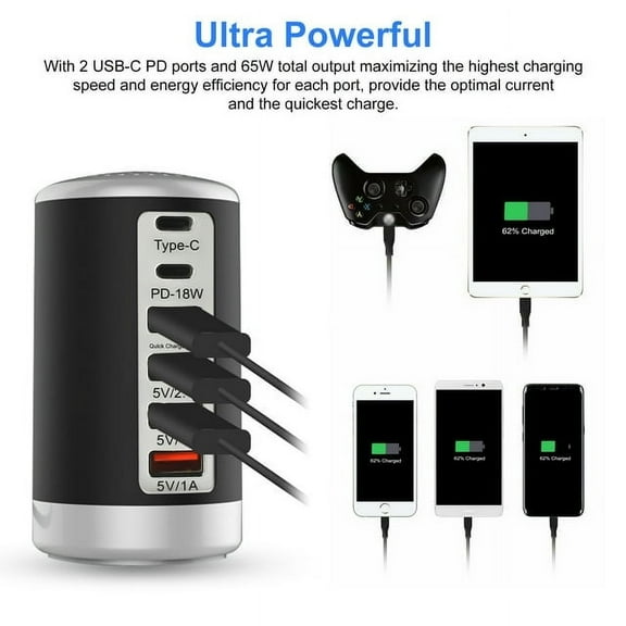 Universal 65W Multi USB Charging Station, 6 USB Wall Ports Charger, 3 USB+Type C+QC3.0+PD 18W, Compatible with iPhone iPad Android Cell Phone Tablets, Black