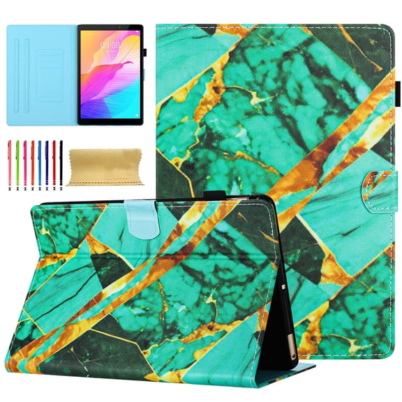 for Universal 7 Inch Android Tablet/Galaxy Tab A 7-Inch SM-T280 /Galaxy Tab 4 7" T230 /Onn 7 Inch Case, Pattern PU Leather Folio Case with Pen Holder, Magnetic Stand Cover with Card Slots, Gold Green