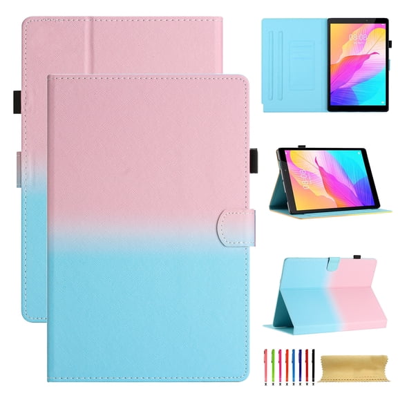 for Universal 9.5-10.5 Inch, Gradient Color PU Leather Folio Stand Wallet with Card Pockets Soft TPU Shockproof Cover for iPad / Samsung / Amazon Kindle / Lenovo / Onn, Pink+Blue