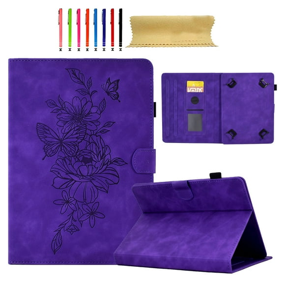for Universal 9.5-10.5 Inch tablet, Premium Luxury PU Leather Cover Folio with Dual Stand Case with Stylus Slot & Card Slots for iPad/Samsung/Kindle/Huawei/Lenovo/Android 9.7 9.6 10.1 10.5", Purple