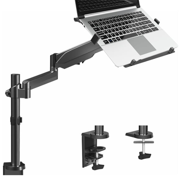 Universal Adjustable 10 to 15.6 inch Laptop Holder Desk Mount, Single Pneumatic Arm VESA Notebook Stand with C-clamp and Grommet Options, Black