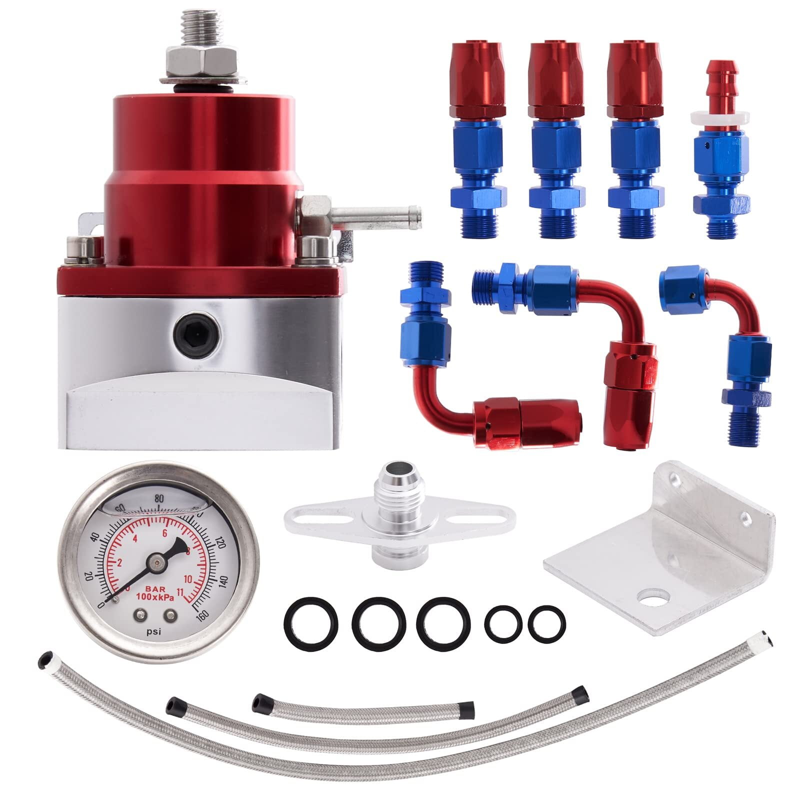 Universal Adjustable EFI Fuel Pressure Regulator Kit with 0100psi Gauge AN66AN Fuel Line Hose