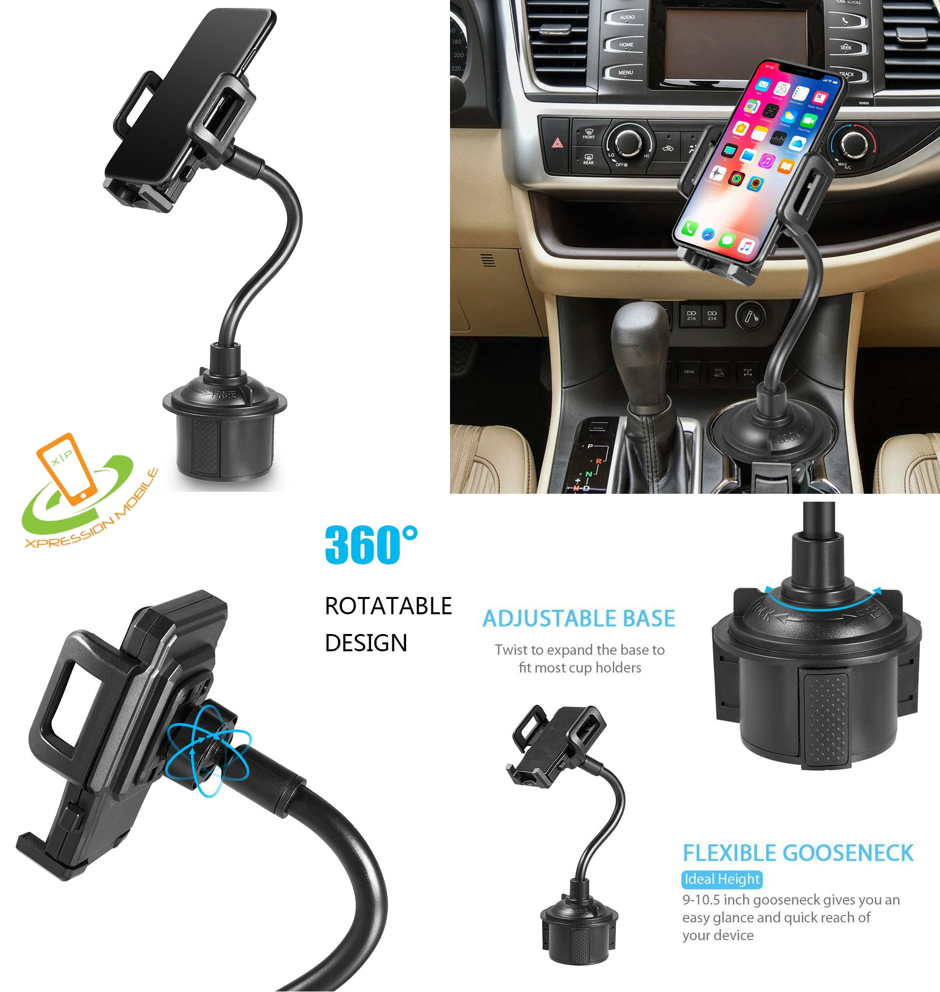 XPRESSION Universal Adjustable Long Arm Gooseneck Phone Cup Holder Car Mount For All Smartphones Tablet GPS 360 Rotatable Cradle Suction Car Cup Mount Cell Phone Holder / Stand With Quick Release Button