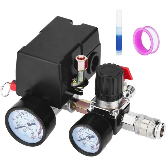 Universal Air Compressor Pressure Switch Control Valve 90-120 PSI | 110V-240V, with 0-180 PSI Regulator and Safety Pressure Relief Valve - 4 Way Replacement Part (110V-240V-B7)
