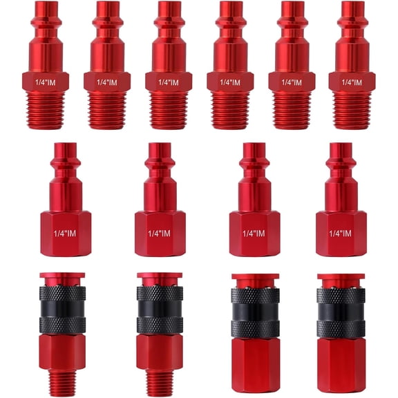 Universal Air Coupler and Plug Kit 1/4"" Air Coupler I/M Air Plug 1/4 inch NPT Quick Connect Air Fitting Industrial Air Coupling Air Compressor Accessories Fitting 14PCS, Red