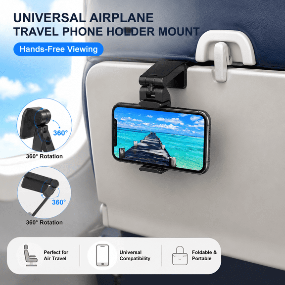 Universal Airplane Travel Phone Holder Mount, Hands-Free Viewing with Dual 360 Rotation