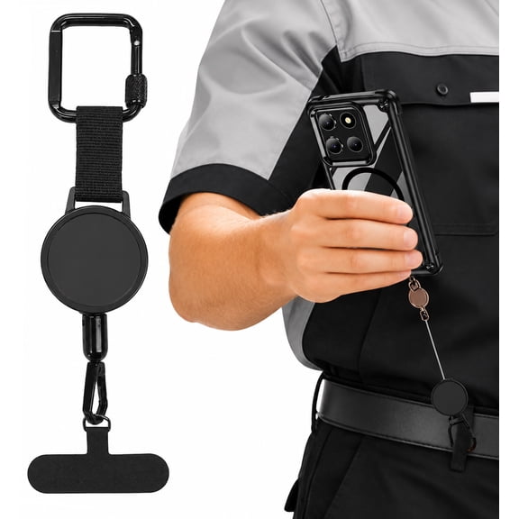 Universal Anti-Theft Phone Reel - Threaded Carabiner Clip with Retractable Steel Cable - Adapter for iPhone Case - Holder Strap for Hiking, Travel, Bag, Keys, Purse, Belt Loop, Vest, Strap, etc
