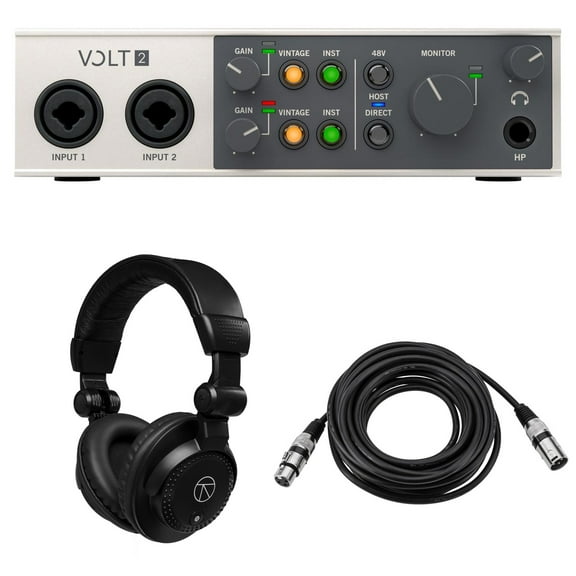 Universal Audio Volt 2 Portable 2x2 USB Type-C Audio/MIDI Interface, Bundle with TAPH100 Monitor Headphones and 25' Microphone Cable