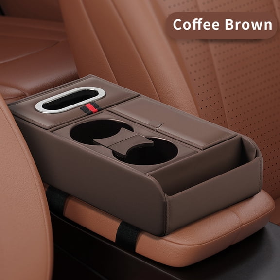 Universal Back Seat Car Organizer - Rear Bench Storage Console with Cup Holders & Large Storage Box, Center Armrest Organizer for SUV, Truck, Van, Minivan (Brown)