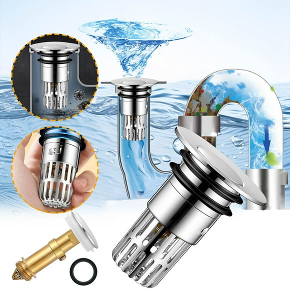 Universal Bathroom Sink Drain Stopper with Hair Catcher, 1.18" Pop-Up Drain Strainer, Removable Stainless Steel Filter Basket and 2 Rubber Rings for Basin, Sink, Tub (ABS, Brass Core)