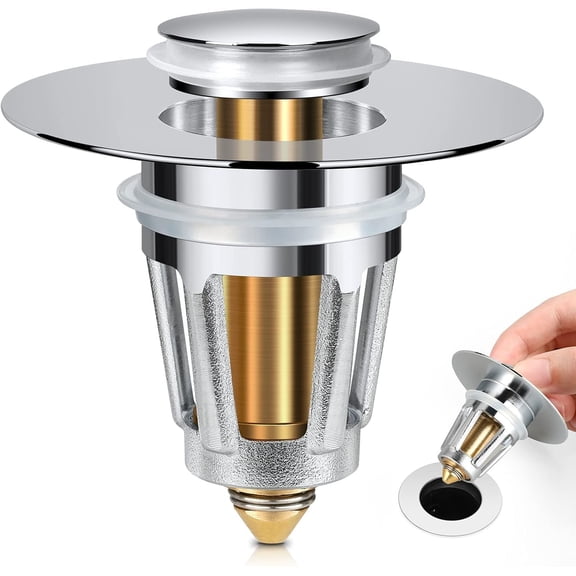 Universal Bathroom Sink Stopper, for 1.1-1.5 Inch Core Push Type Basin Pop Up Drain Filter, Bathtub Converter Sink Drain Strainer Plug No Overflow with Basket Hair Catcher