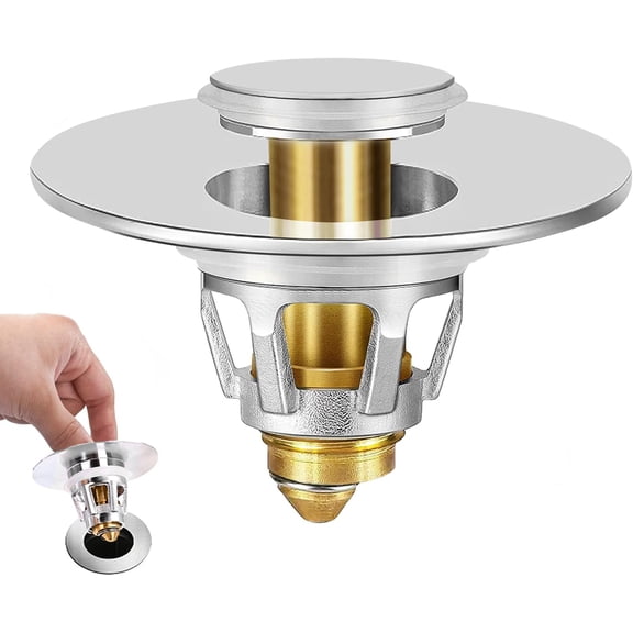 Universal Bathroom Sink Stopper - Upgraded Pop up Drain Strainer with Hair Catcher, Fits 1.1-1.5 Inch U.S. Standard Holes Anti-Clogging Filter Pure Brass Construction