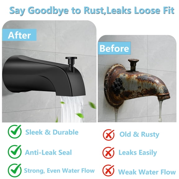 Universal Bathtub Tub Spout with Diverter, Bathroom Faucet Replacement Fits 1/2" Slip-Fit Copper Pipe and 1/2" Ips & 3/4" Ips Thread Connections, with Adapters,PTFE Tape and Hex Wrench Matte Black