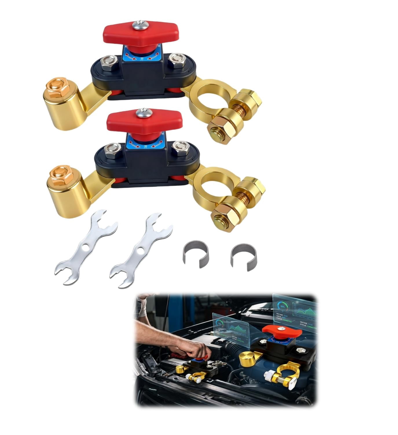 Universal Battery Disconnect Switch with Leak Protector, Pure Copper 12V-24V Car Power Cut-Off Breaker, Adjustable Terminals for Truck, Boat, RV