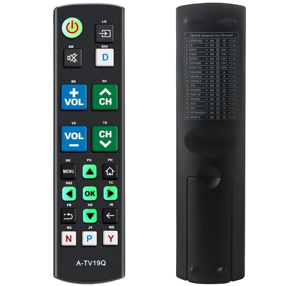 Universal Big Button TV Remote Great for Senior, A-TV19Q with IR Learning Function for Samsung LG VIZIO Sony Hisense Philips Panasonic Sharp TCL TVs