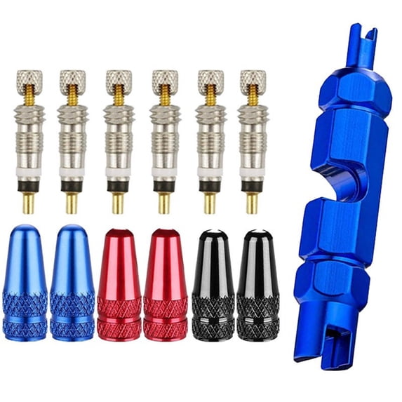 Universal Bike Valve Core Tool Kit - Presta to Schrader Adapter with Valve Cores, Caps, and Removal Tool for MTB, Road, and Electric Bikes (15-Piece Set)