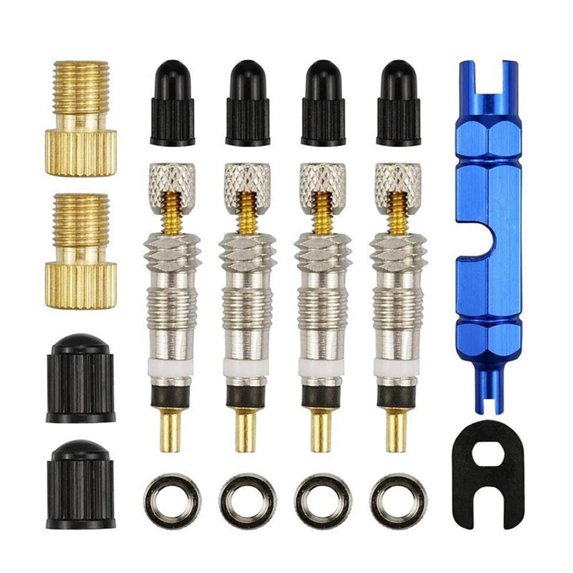 Universal Bike Valve Core Tool Kit - Presta to Schrader Adapter with Valve Cores, Caps, and Removal Tool for MTB, Road, and Electric Bikes (15-Piece Set)