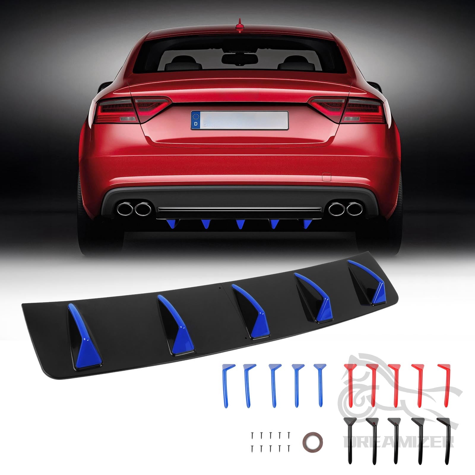 Subtle Car Rear Diffuser Universal Black Blue Red Car Rear Diffuser Shark Fins 3-Colors For ...