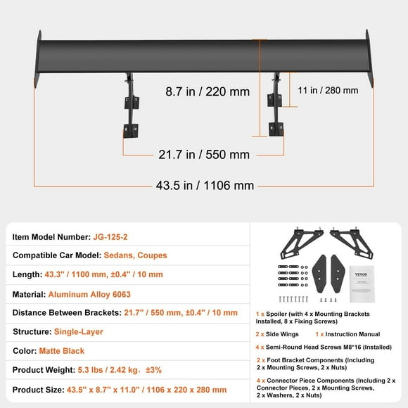 Universal Black GT Wing Spoiler 43.3" - Racing Style Rear Wing, Aluminum, Adjustable for BGW/JDM Drift Cars