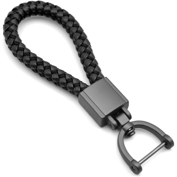 Universal Black Leather Car Fob Keychain Metal Keyring Woven Strap Braided Rope Key Chain for Men and Women - Matte Black Color, with 360 Degree Rotatable D-ring and Screwdriver