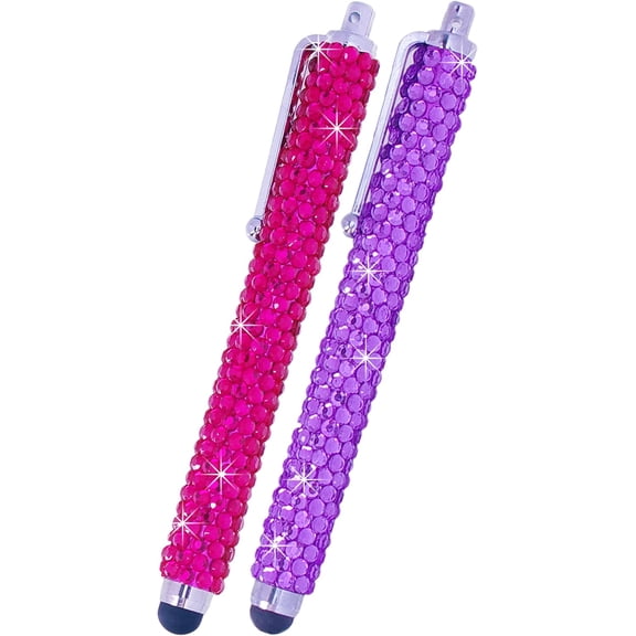 Universal Bling Stylus Pens - 2 Long Gem Covered Stylus Pens Compatible with All Capacitive Touchscreen Devices/Microfiber Cleaning Cloth