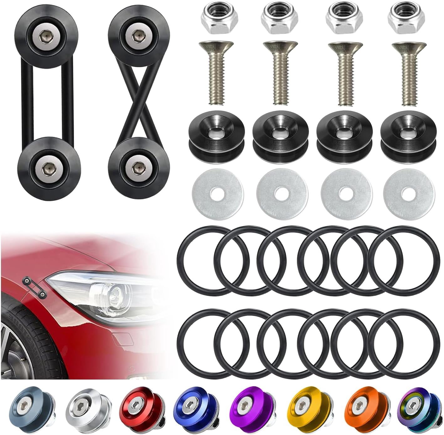 Universal Bumper Clips Front Rear Quick Release Kit Holders for Cars (4 Black Tabs and 12 Customized O-Rings)