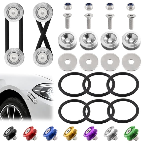 Universal Bumper Quick Release Kit, Front Rear quick release bumper clips, Holders for Cars (4 Silver Tabs & 6 Customized O-Rings)