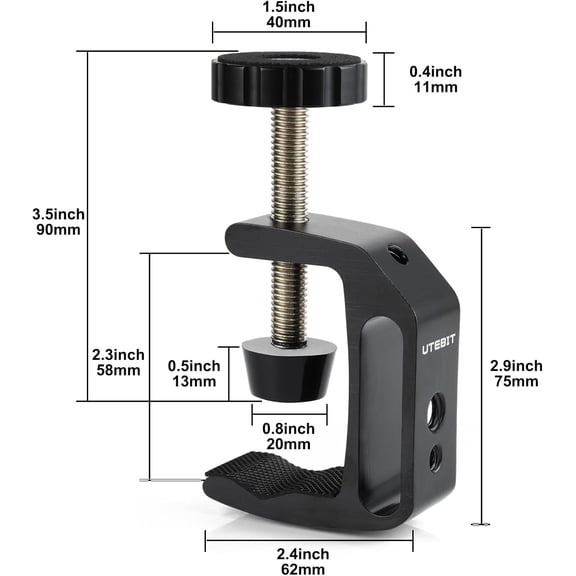 Universal C-Clamp for Desktop Mount Holder, 3.7"-5.7" C-Clamp Aluminum Support Clamp with 1/4" and 3/8" Thread for Desktop Mount Tables Desk, Black (2 Pack)