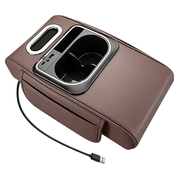 Universal Car Center Console Armrest Height Pad with Multifunctional Storage Organizer Tissue Holder Cup Holders Ambient Lighting and USB Charging Ports
