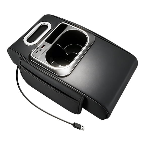 Universal Car Center Console Armrest Height Pad with Multifunctional Storage Organizer Tissue Holder Cup Holders Ambient Lighting and USB Charging Ports