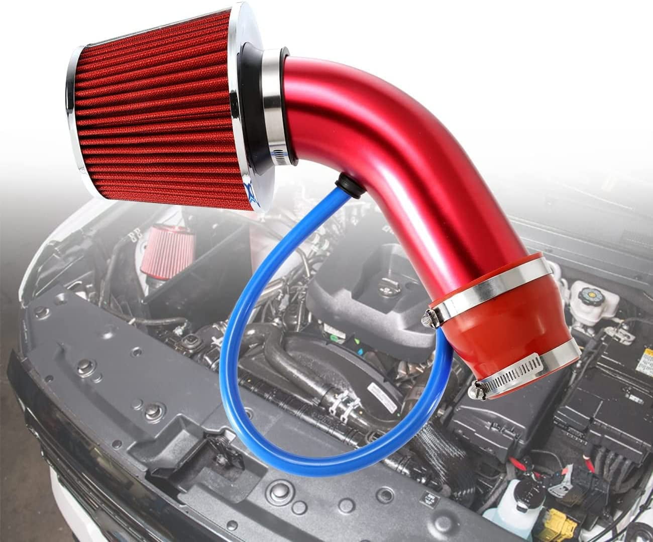 Universal Car Cool Air Intake Kit 3 Inch Diameter Pipe Aluminium Automotive Filter Induction Low Hose and Clamp Kits (Red)
