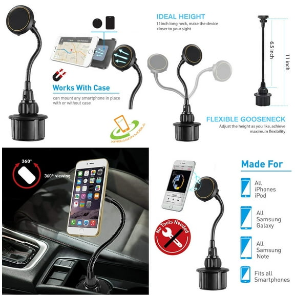 Universal Car Cup Holder Magnetic Phone Mount Holder with 11" Long Arm & Super Strong Magnet Adjustable Long Goose Arm Cell Phone Holder for iPhone, Samsung Galaxy, LG , Pixel and Other Smartphones